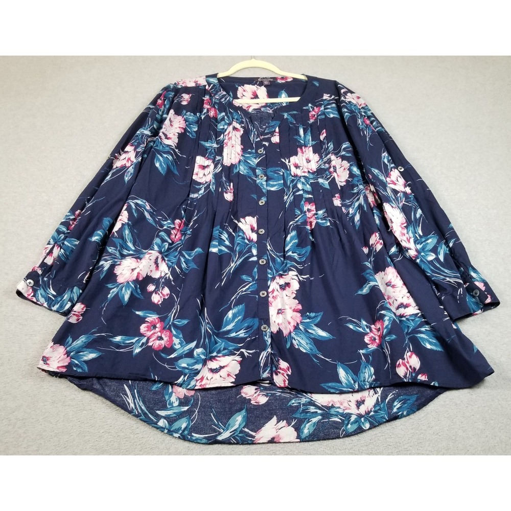 Roaman's Tunic Blouse Women 24W Blue Pink Floral Cotton Button Up Pintuck Spring